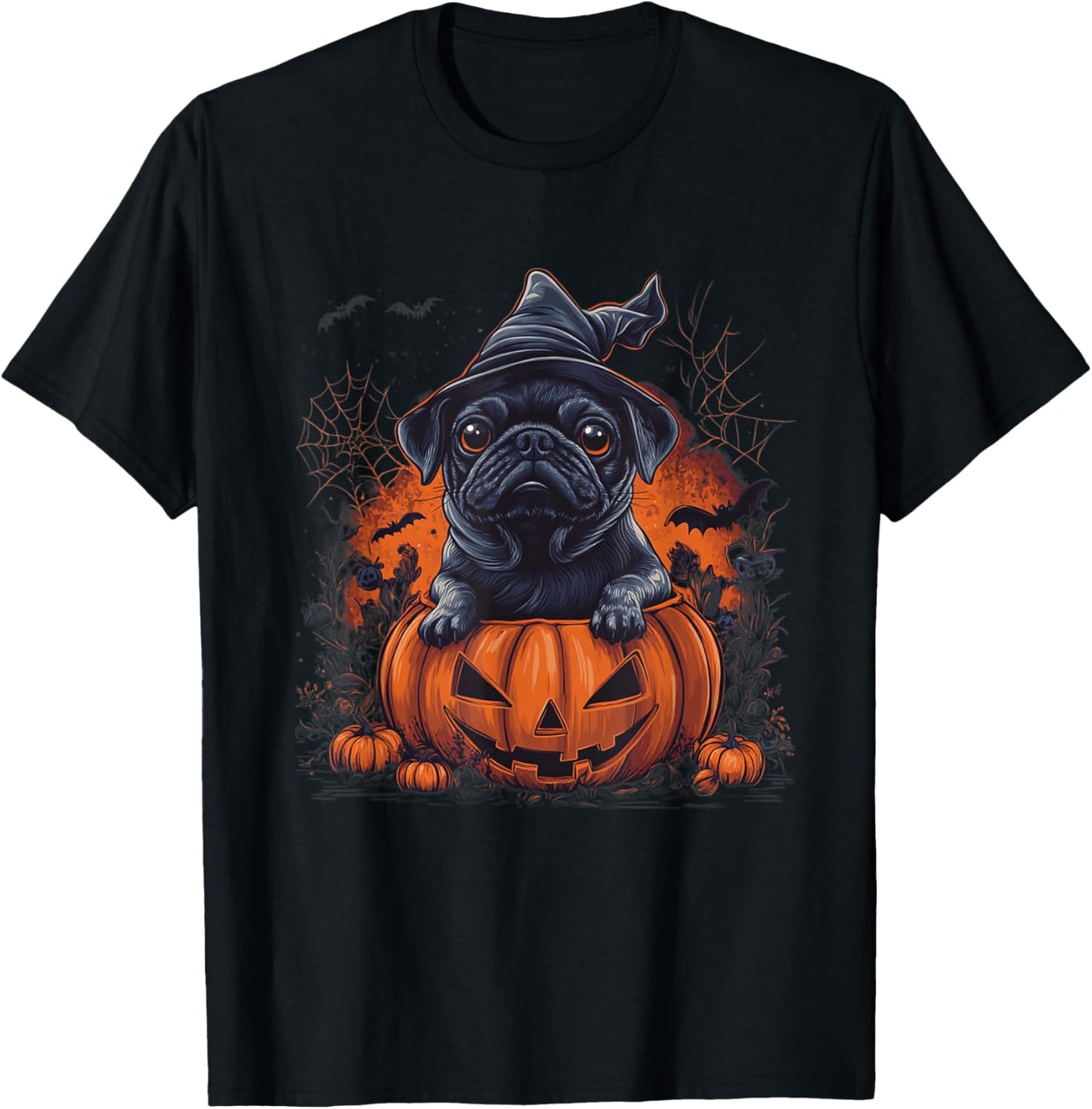 Black Pug Dog Pumpkin Halloween Thanksgiving Men Women Dog T-Shirt - T-Shirt | Black