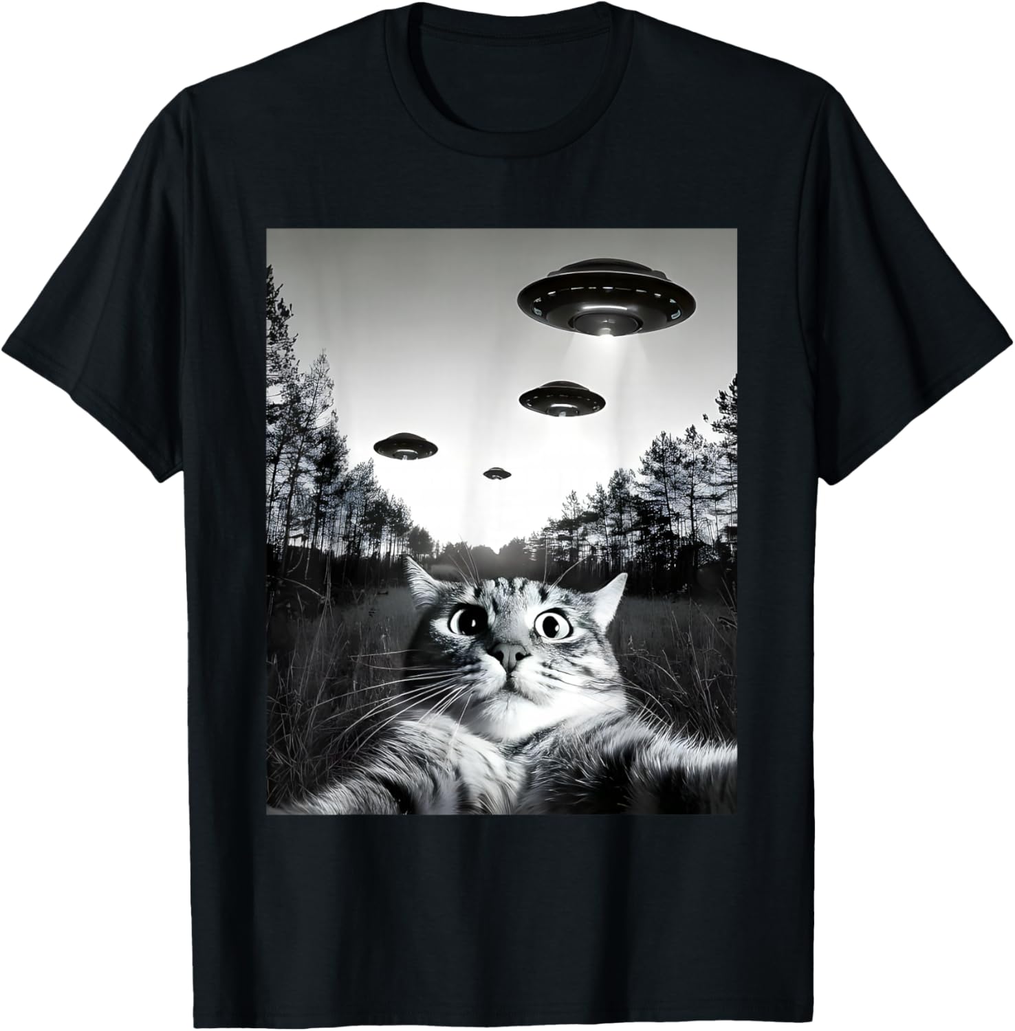 Funny Cat Selfie with UFOs T-Shirt - T-Shirt | Black