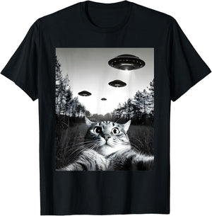 Funny Cat Selfie with UFOs T-Shirt - T-Shirt | Black