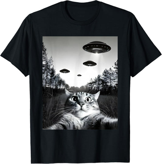 Funny Cat Selfie with UFOs T-Shirt - T-Shirt | Black