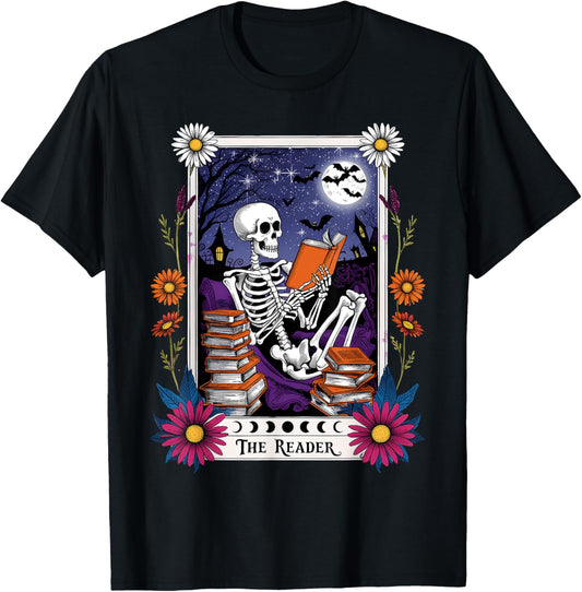 Book Lover Tarot Card The Reader Mystic Funny Skeleton T-Shirt - T-Shirt | Black