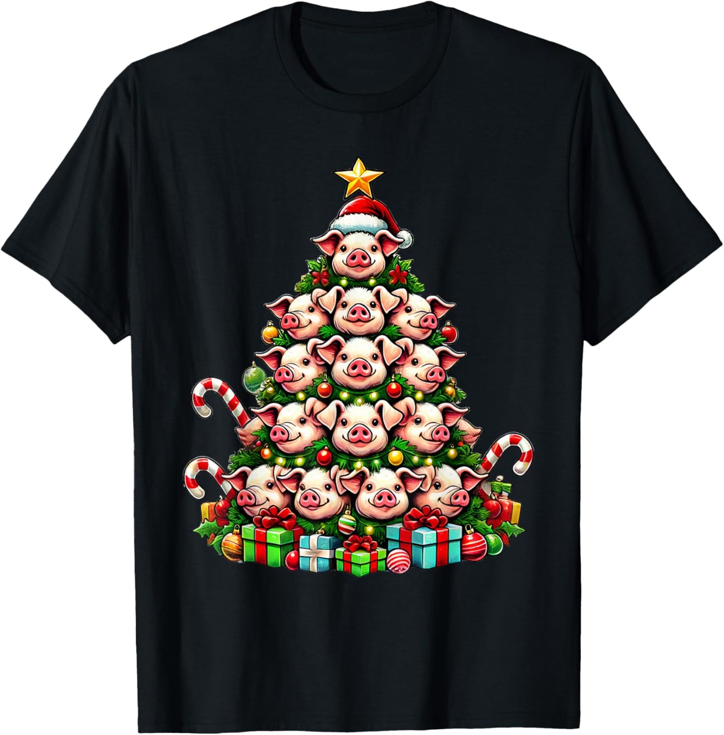 Pig Christmas Tree Funny Pig Xmas T-Shirt - T-Shirt | Black