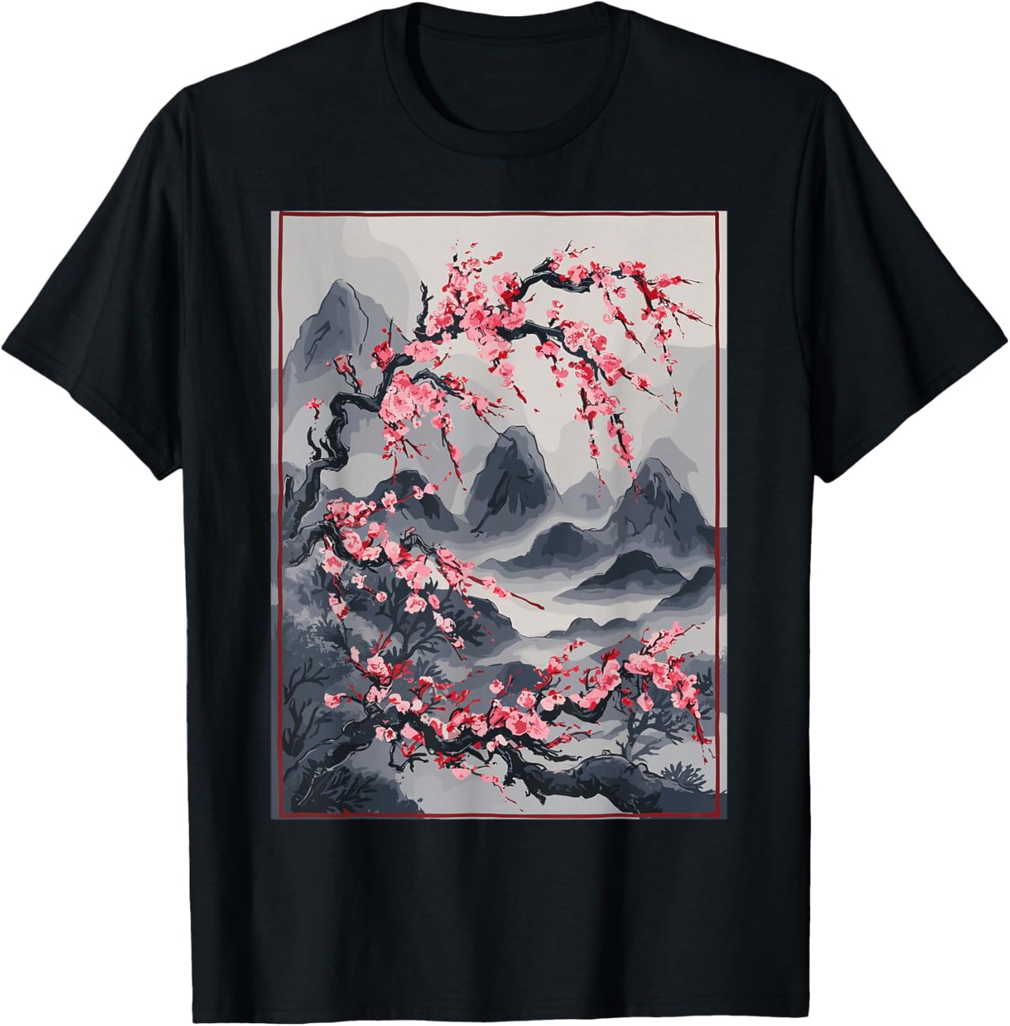 Vintage Cherry Blossom Landscape - Japanese Graphical Art T-Shirt - T-Shirt | Black