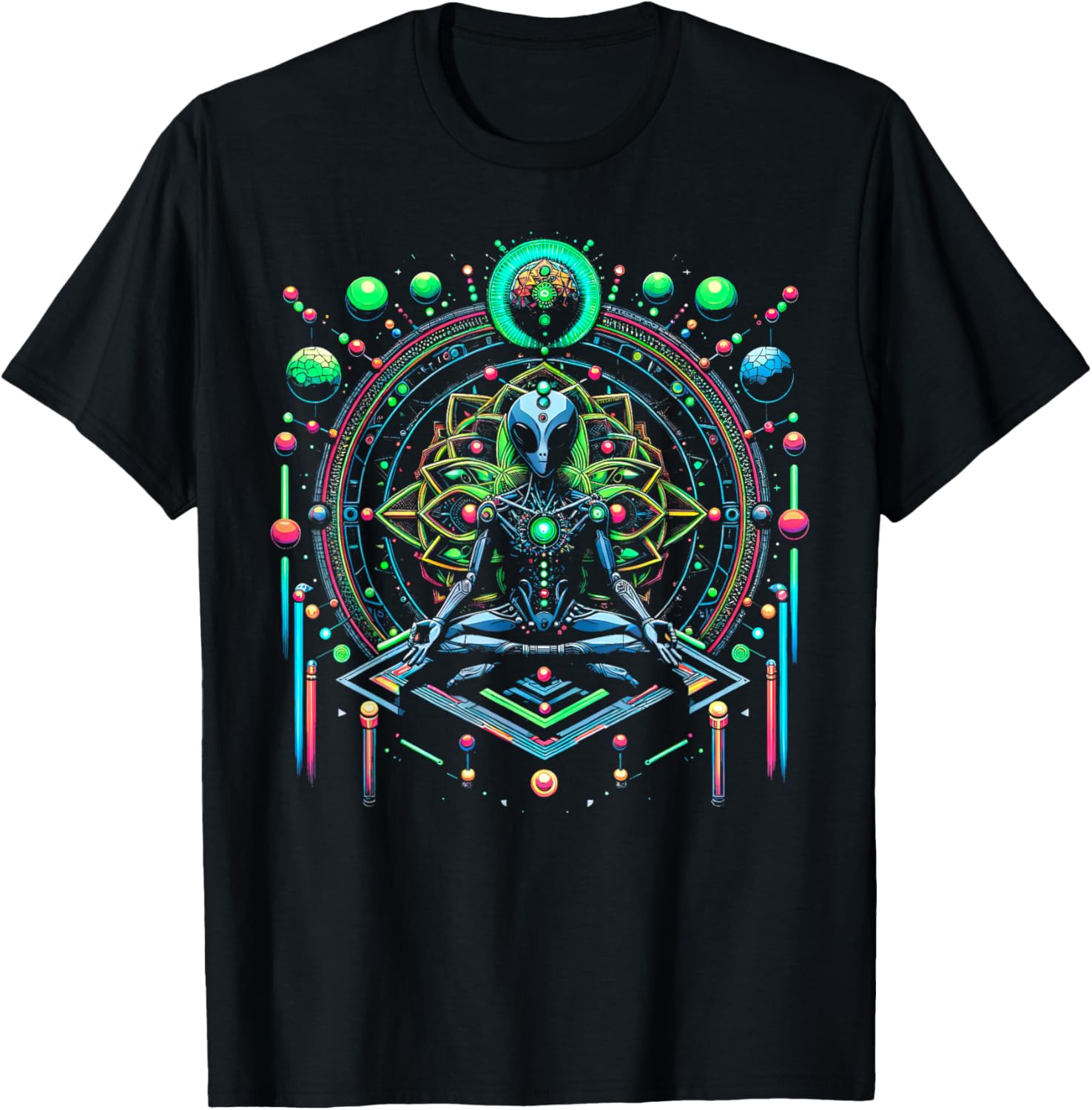 Meditation Alien with Geometric Pattern Art T-Shirt - T-Shirt | Black