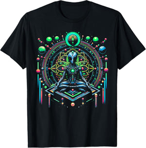 Meditation Alien with Geometric Pattern Art T-Shirt - T-Shirt | Black