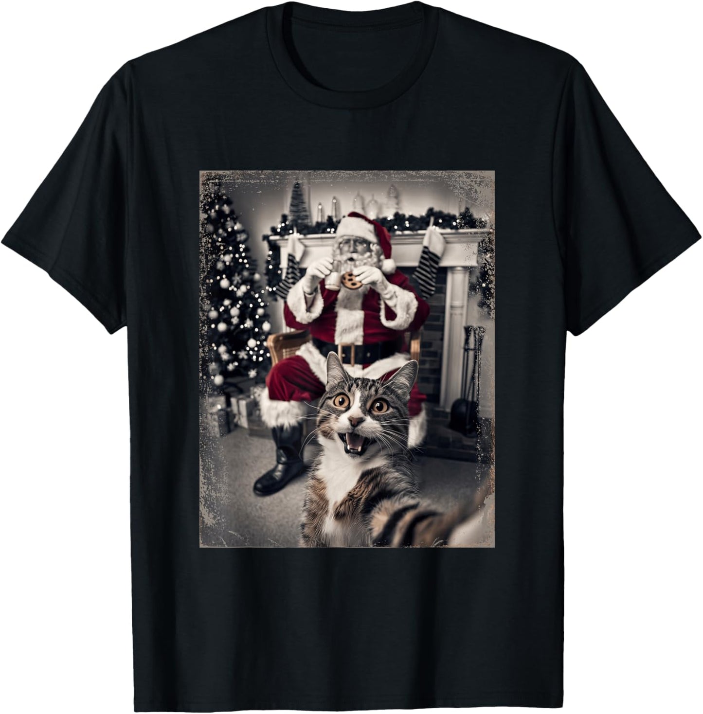 Funny Xmas Cat Selfie Santa Ugly Sweater Christmas Outfit T-Shirt - T-Shirt | Black