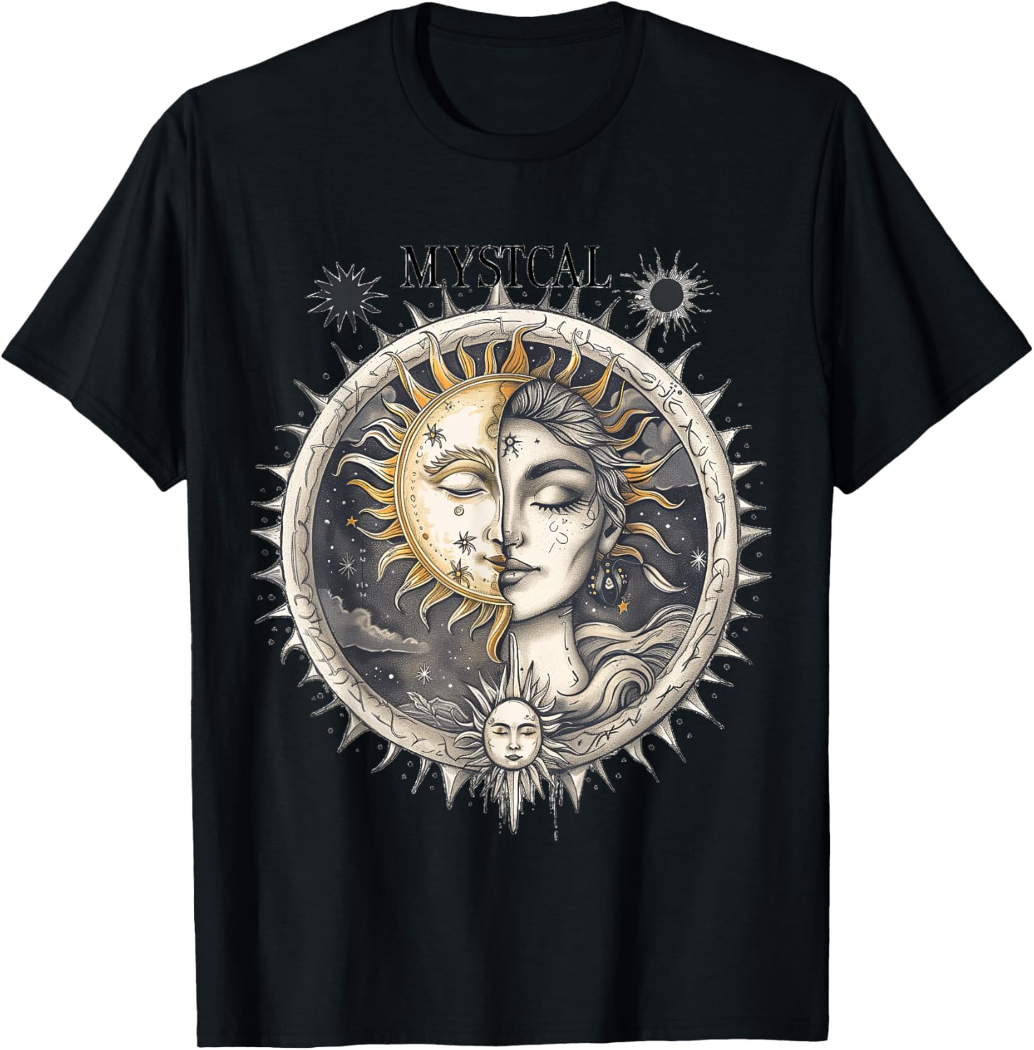 Mystical Sun and Moon with Woman Mystical Flowers Aesthetic T-Shirt - T-Shirt | Black
