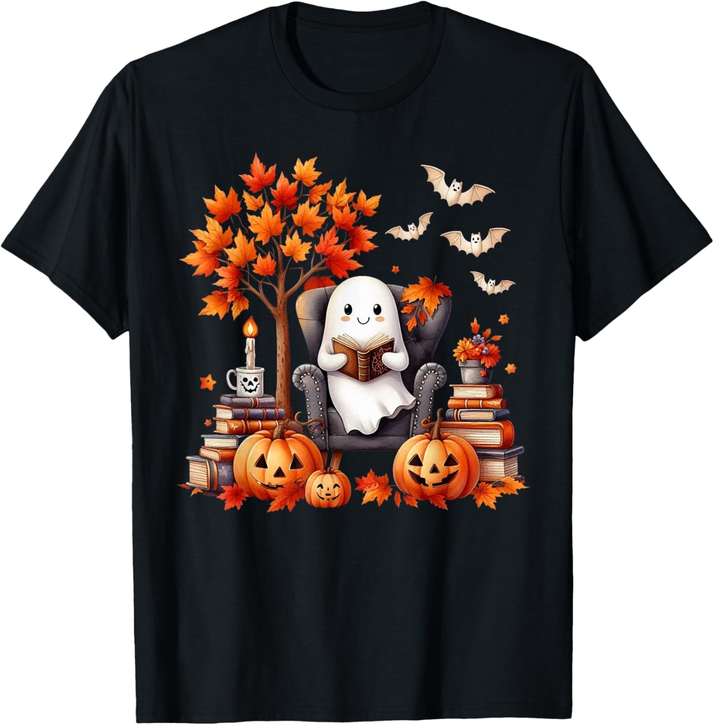 Vintage Ghost Book Reading Pumpkin Gothic Halloween Teachers T-Shirt - T-Shirt | Black