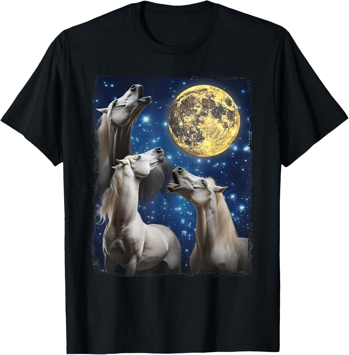 Three Horse Moon | 3 Horses Howling Funny Weird Cursed Meme T-Shirt - T-Shirt | Black