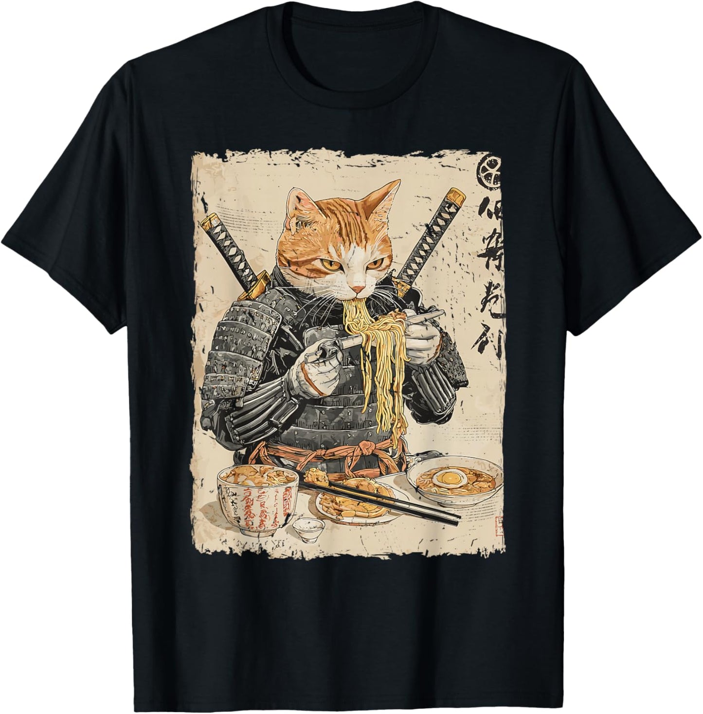 Samurai Cat Loves Ramen Funny Anime Japanese Artwork Samurai T-Shirt - T-Shirt | Black