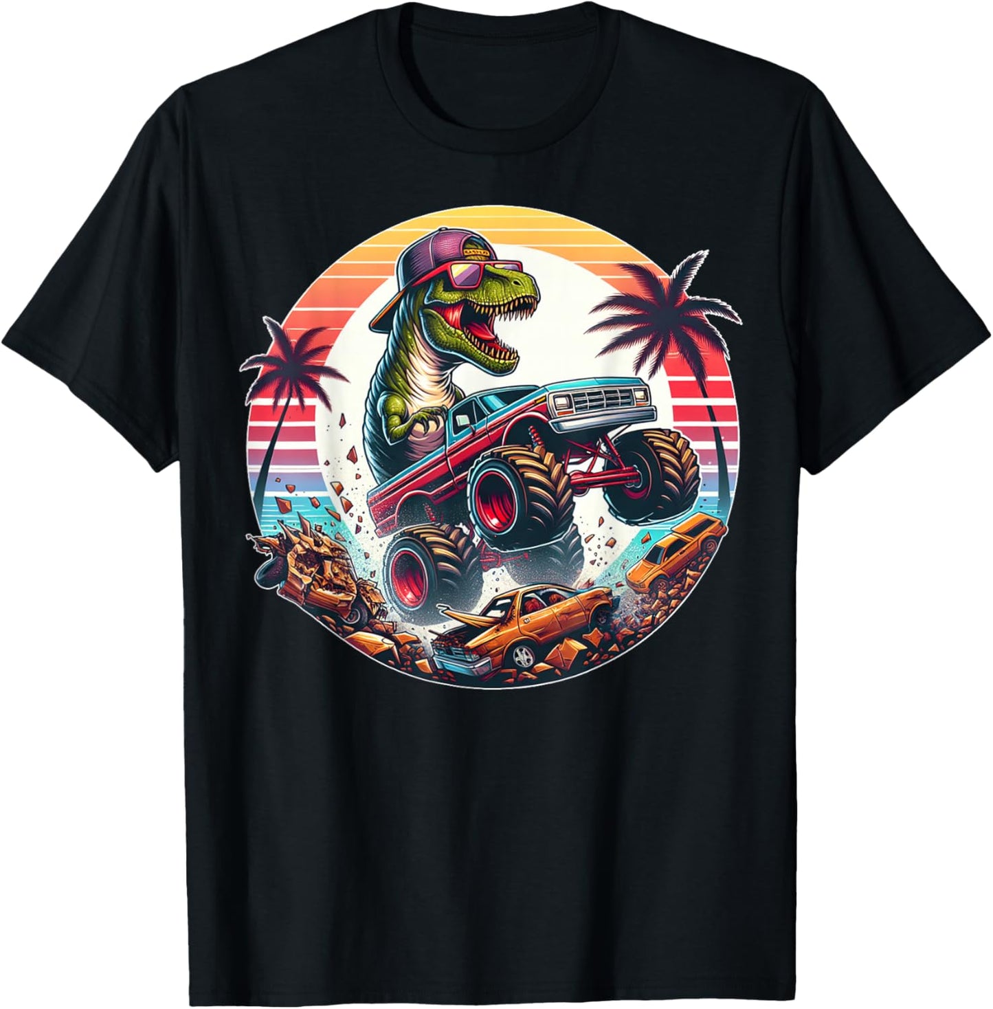 T-rex Dinosaur Monster Truck Vintage Kids Youth Toddlers Jam T-Shirt - T-Shirt | Black