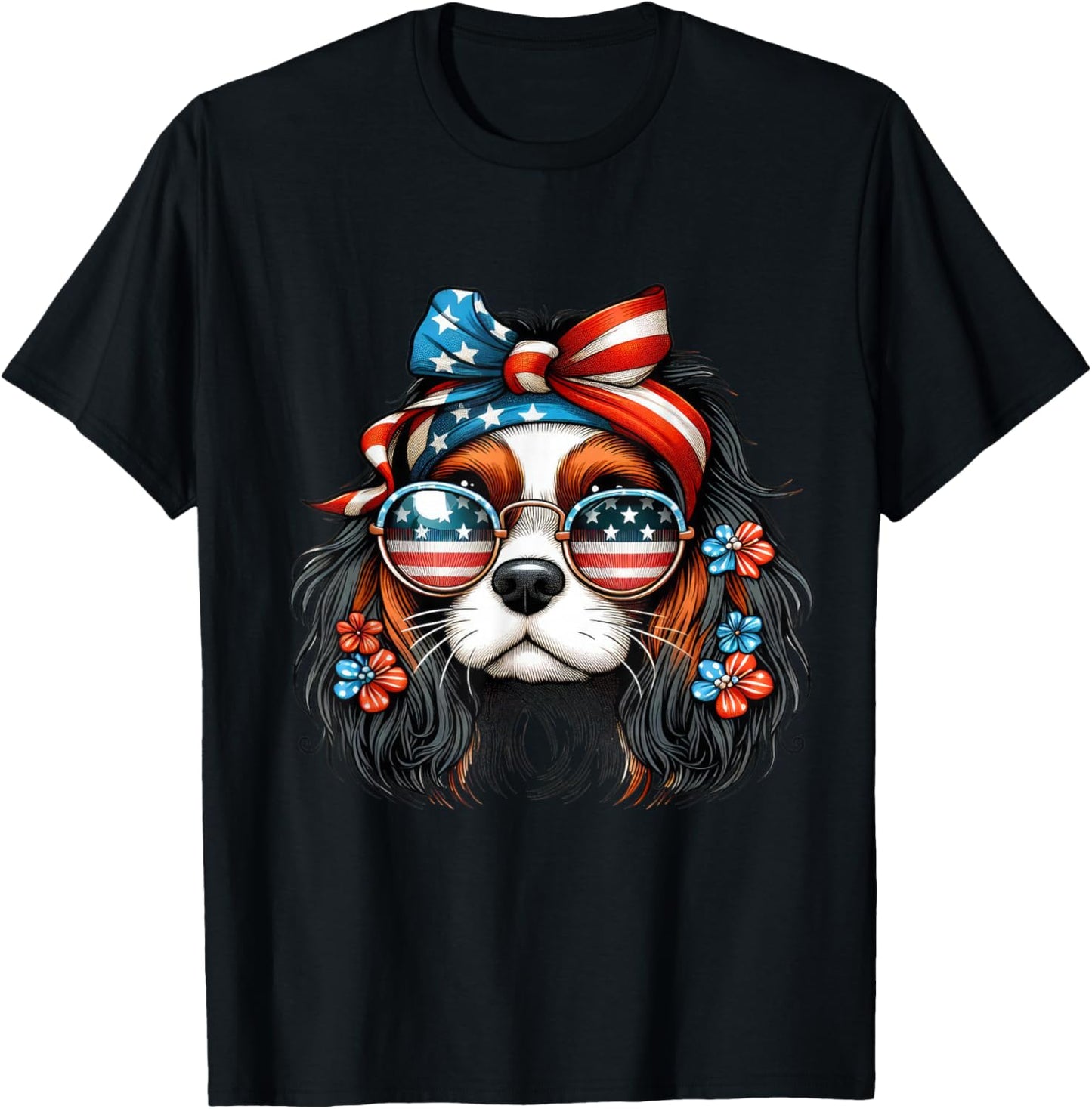 Girl 4th of July With Cavalier King Charles Spaniel Dog T-Shirt - T-Shirt | Black