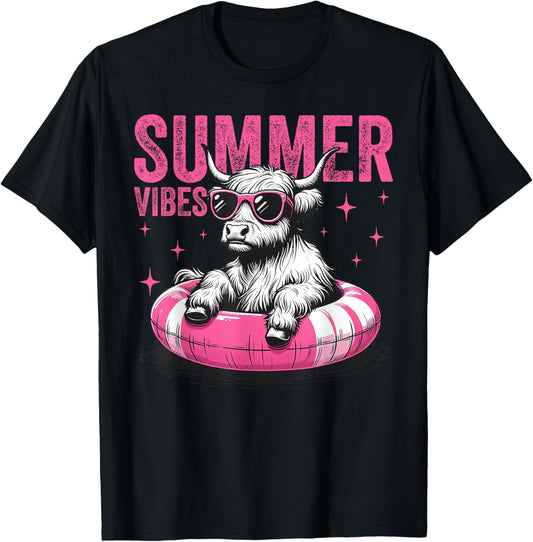 Summer Vibes Funny Highland Cow Pool Float Beach (2 Sided) T-Shirt - T-Shirt | Black