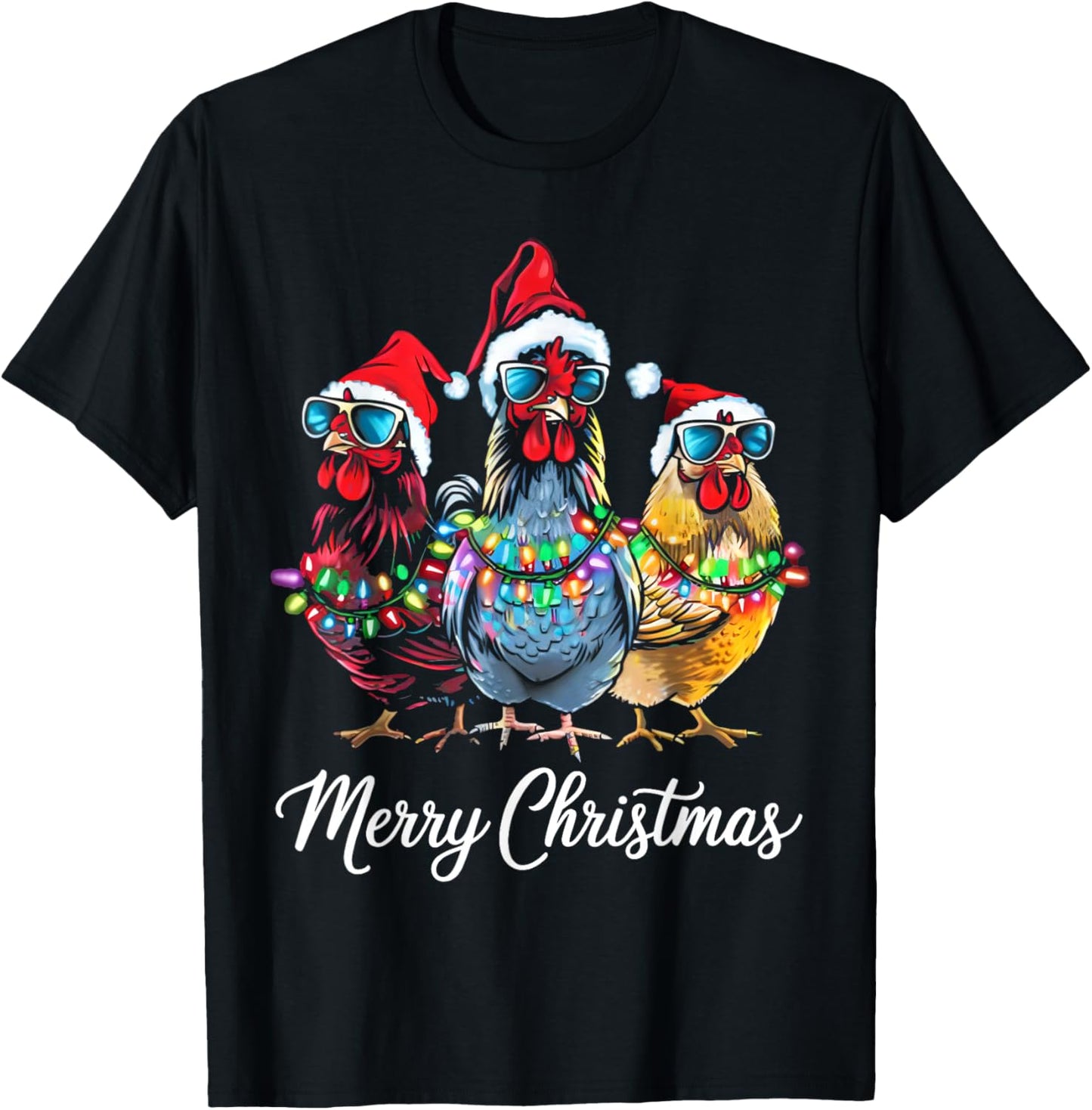 Merry Chickmas Ornament Lights Chicken Farmer Xmas Squad T-Shirt - T-Shirt | Black