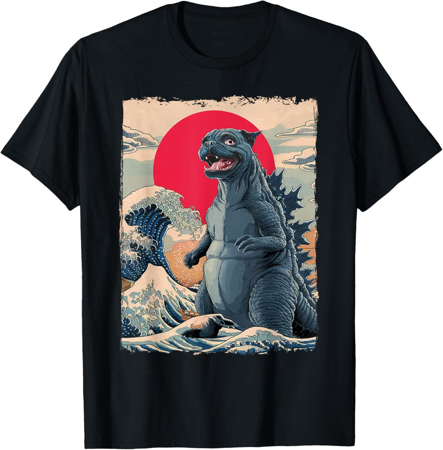 Pug Dog Funny Pugzilla Japanese Wave Art T-Shirt - T-Shirt | Black