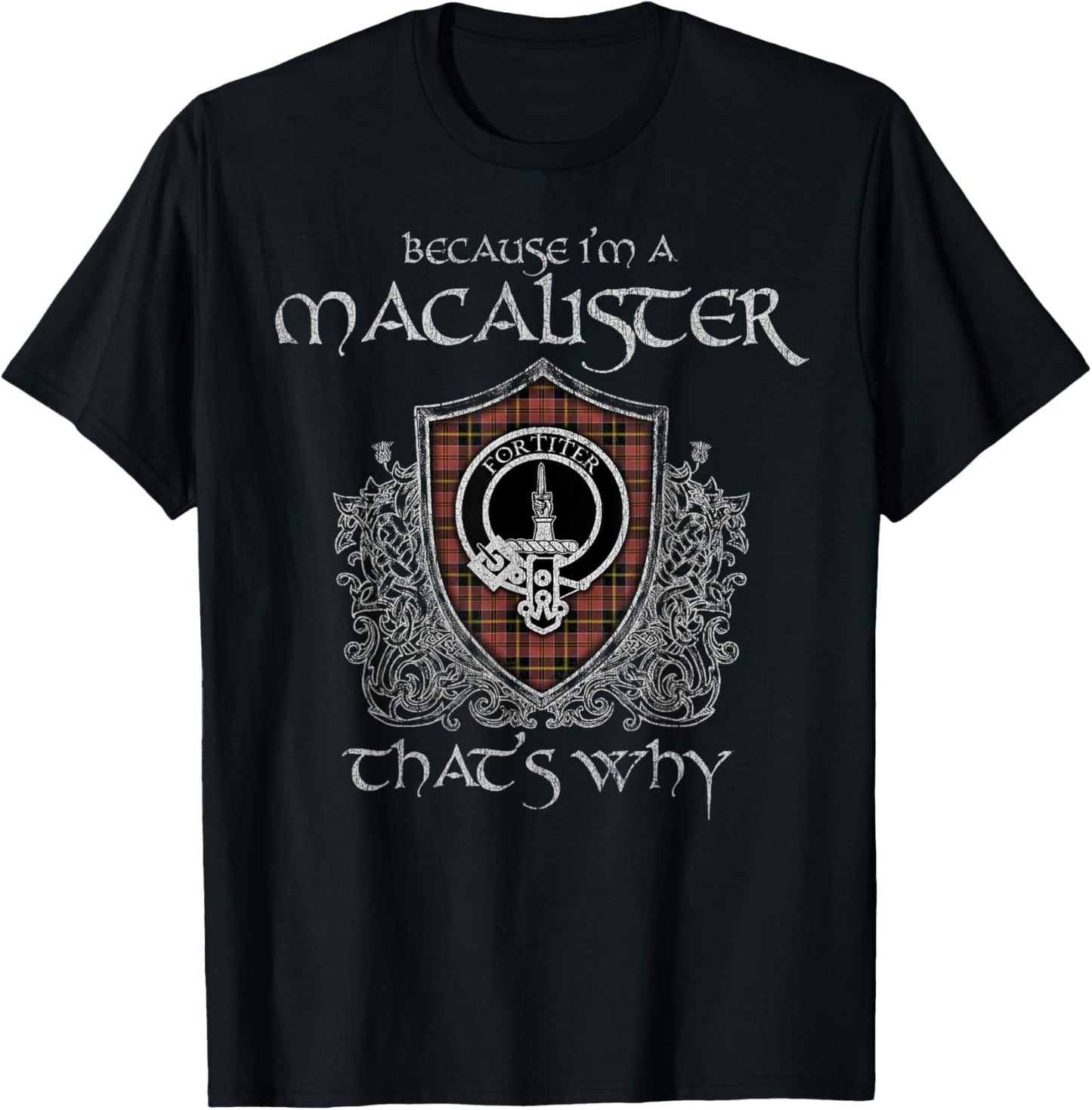 Clan MacAlister Crest Tartan Celtic Last Name Vinatge T-Shirt - T-Shirt | Black