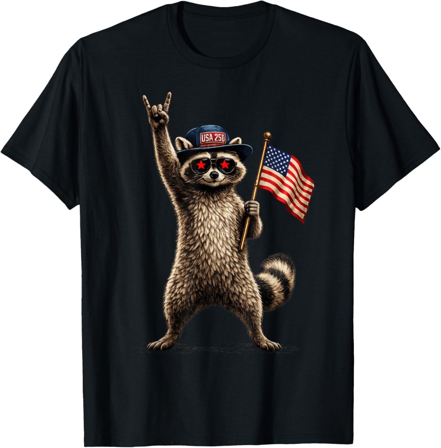 USA Flag 250 Years Raccoon Funny 4th of July Men Women Kids T-Shirt - T-Shirt | Black