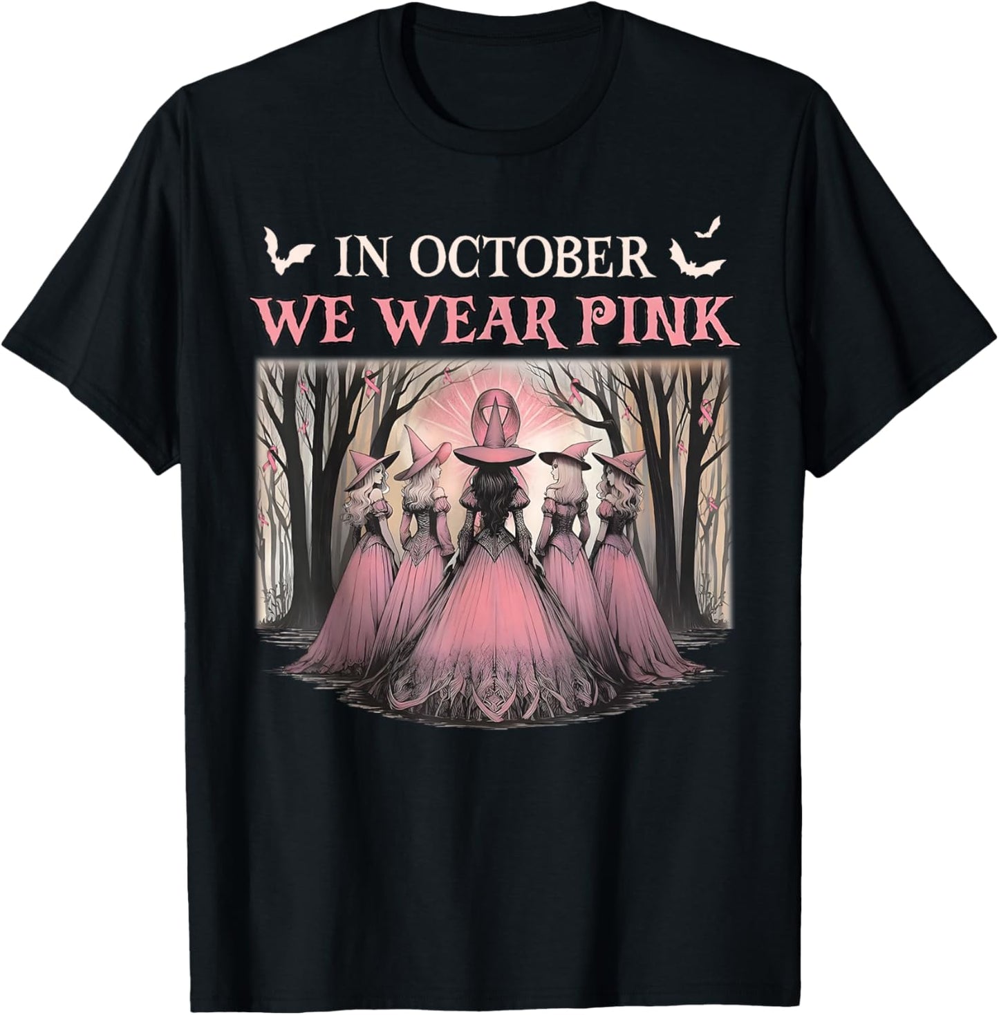 Retro in October We Wear Pink Witch Breast Cancer Ribbon T-Shirt - T-Shirt | Black