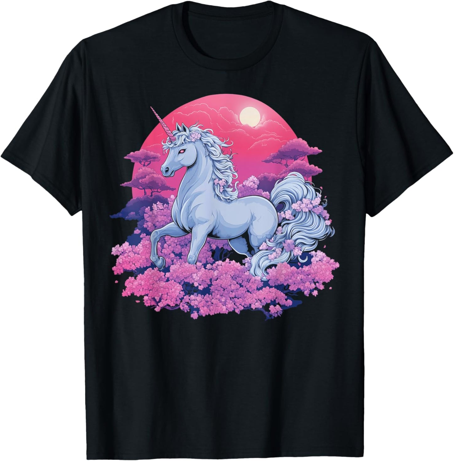 Vaporwave Unicorn Cherry Blossoms Retro Synthwave Aesthetic T-Shirt - T-Shirt | Black