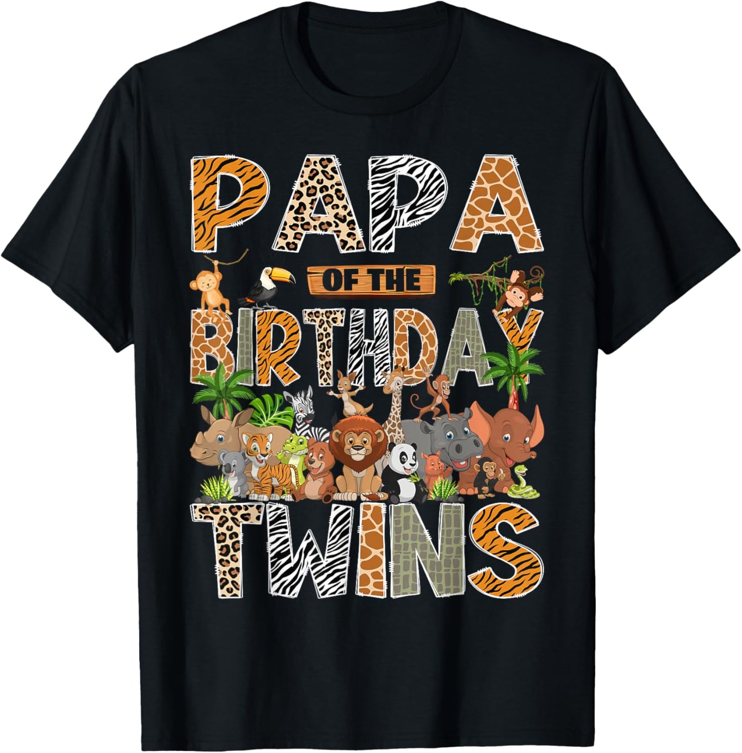 Papa of The Birthday Twins Safari Wild One Zoo Animal T-Shirt - T-Shirt | Black