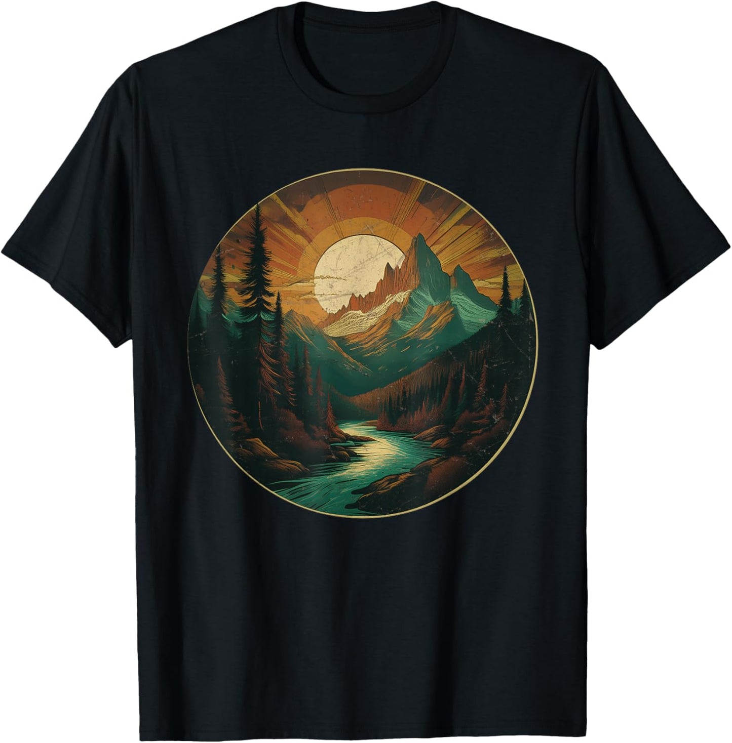 Sunset Over Mountain + Evergreen Forest Vintage Look Graphic T-Shirt - T-Shirt | Black
