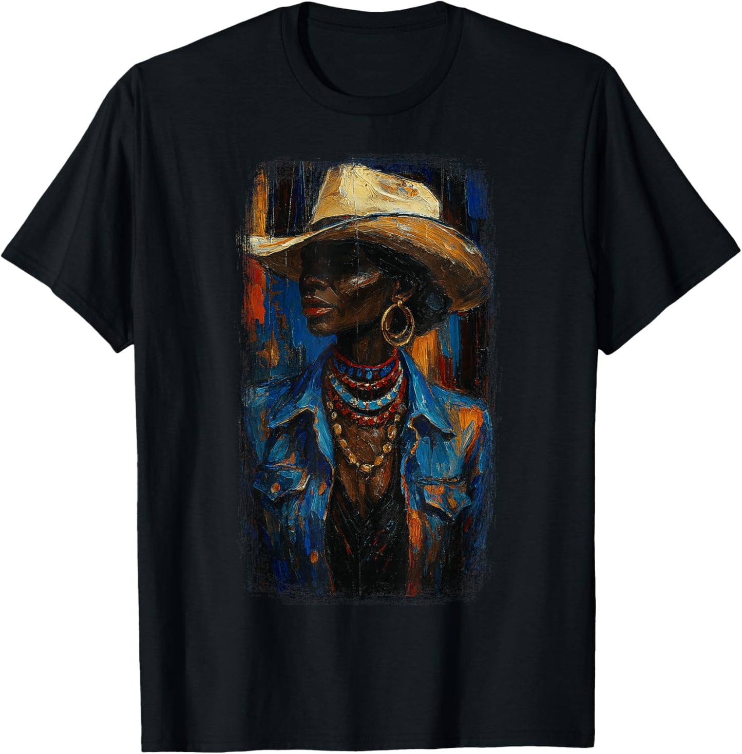 Black Afro American Cowgirl with Cowboy Hat Painting T-Shirt - T-Shirt | Black