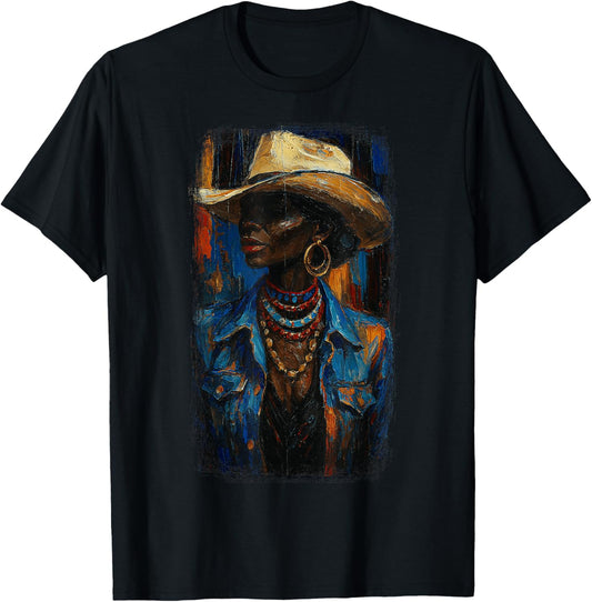 Black Afro American Cowgirl with Cowboy Hat Painting T-Shirt - T-Shirt | Black