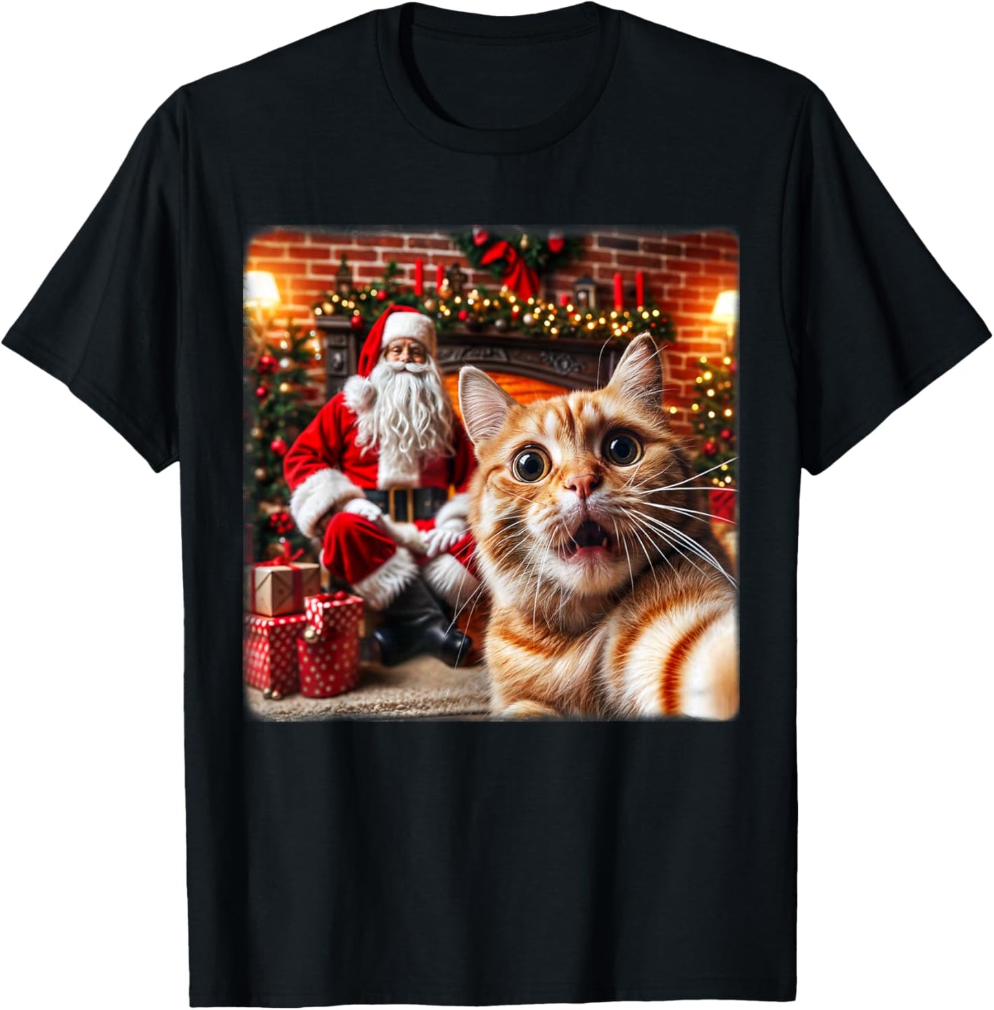 Funny Cat Selfie With Santa Claus Christmas Girls Boy Family T-Shirt - T-Shirt | Black