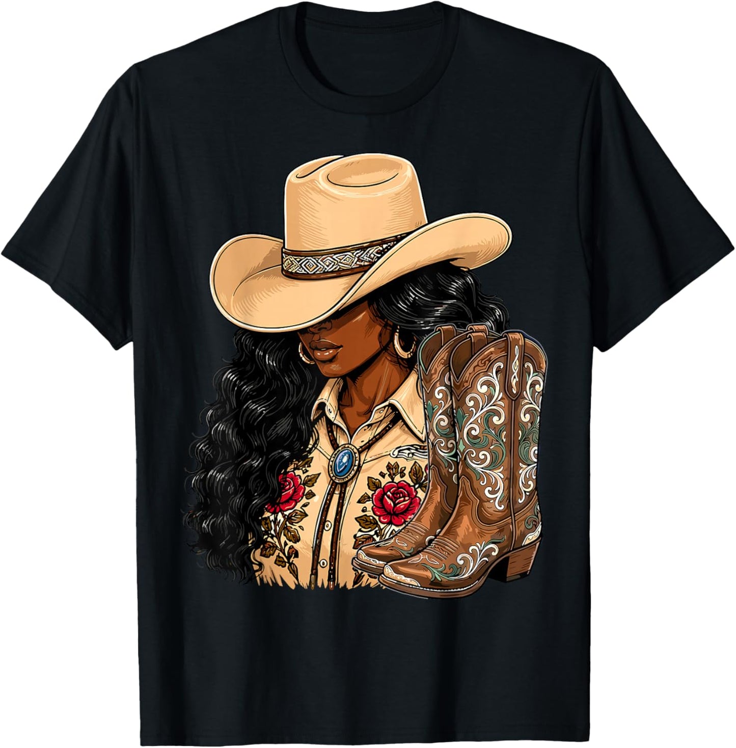 Melanin Cowgirl Western Boots Country T-Shirt - T-Shirt | Black