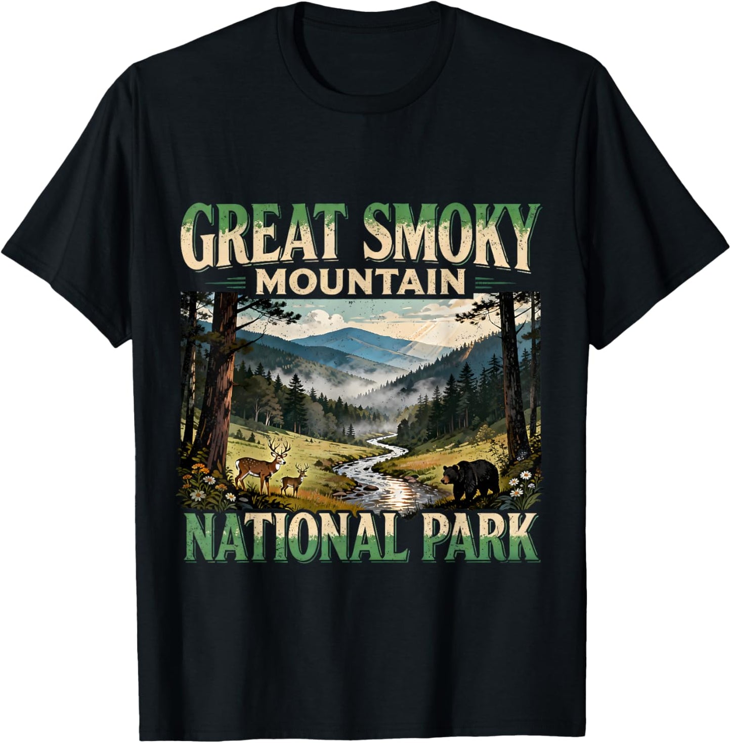 Great Smoky Mountains Bear Deer Wildlife T-Shirt - T-Shirt | Black