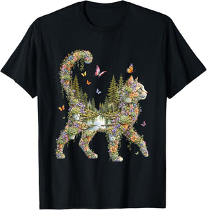 Boho Cat Plants Floral Nature Wildflower Succulent Cat Lover T-Shirt - T-Shirt | Black