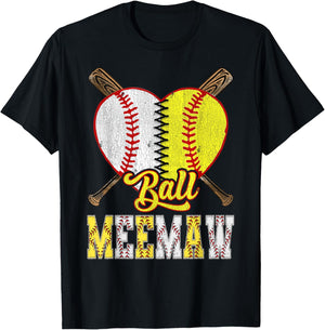 Meemaw Of Both Ball Meemaw Half Baseball Softball T-Shirt - T-Shirt | Black