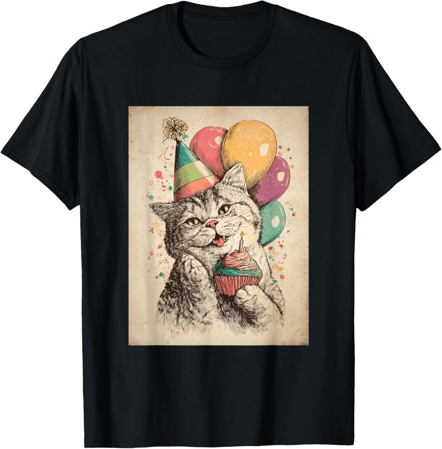 Cat Retro Art Print Birthday Party Balloons & Cupcake T-Shirt - T-Shirt | Black