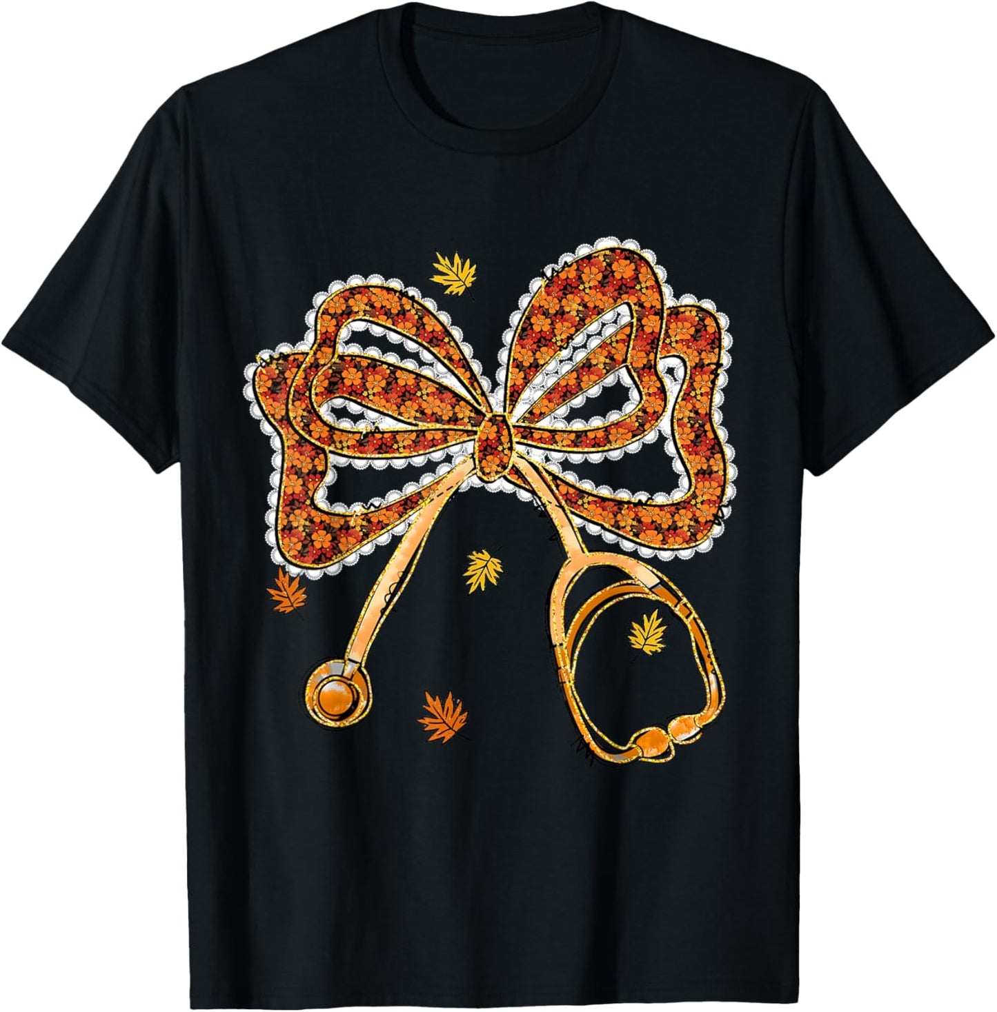 Fall Nurse Stethoscope Coquette Bow Floral Autumn Nursing T-Shirt - T-Shirt | Black