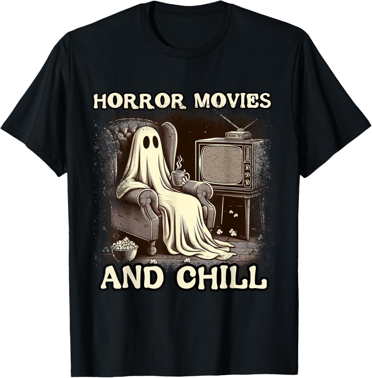 Horror Movies and Chill Halloween Ghost popcorn Spooky T-Shirt - T-Shirt | Black
