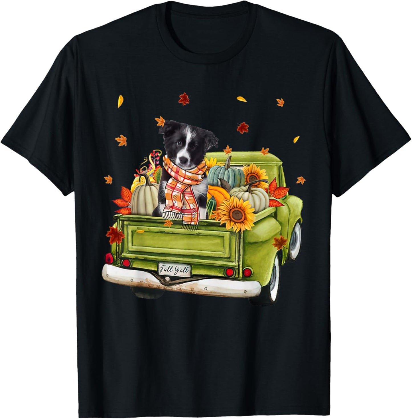 Happy Fall Y'all Border Collie Dog On Truck Pumpkin Fall T-Shirt - T-Shirt | Black