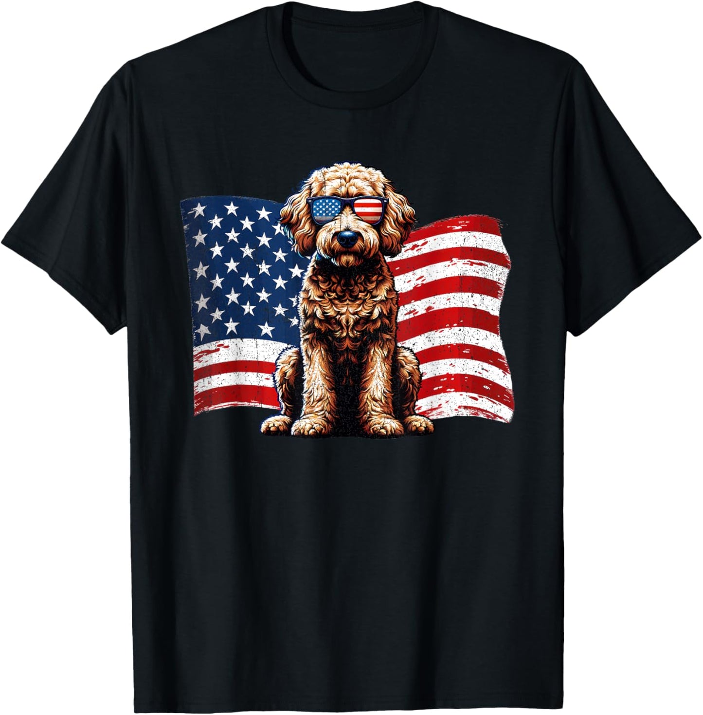 Vintage Labradoodle Dogs American Flag Sunglasses Patriotic T-Shirt - T-Shirt | Black
