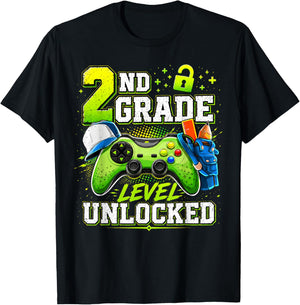 Back to School 2nd Second Grade Level Unlocked Gamer Kid T-Shirt - T-Shirt | Black
