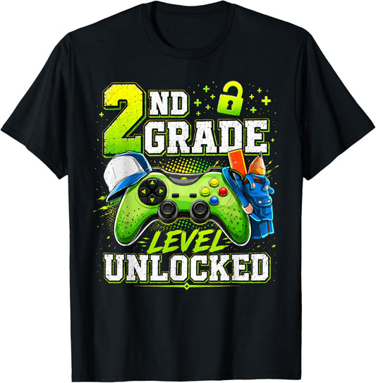 Back to School 2nd Second Grade Level Unlocked Gamer Kid T-Shirt - T-Shirt | Black