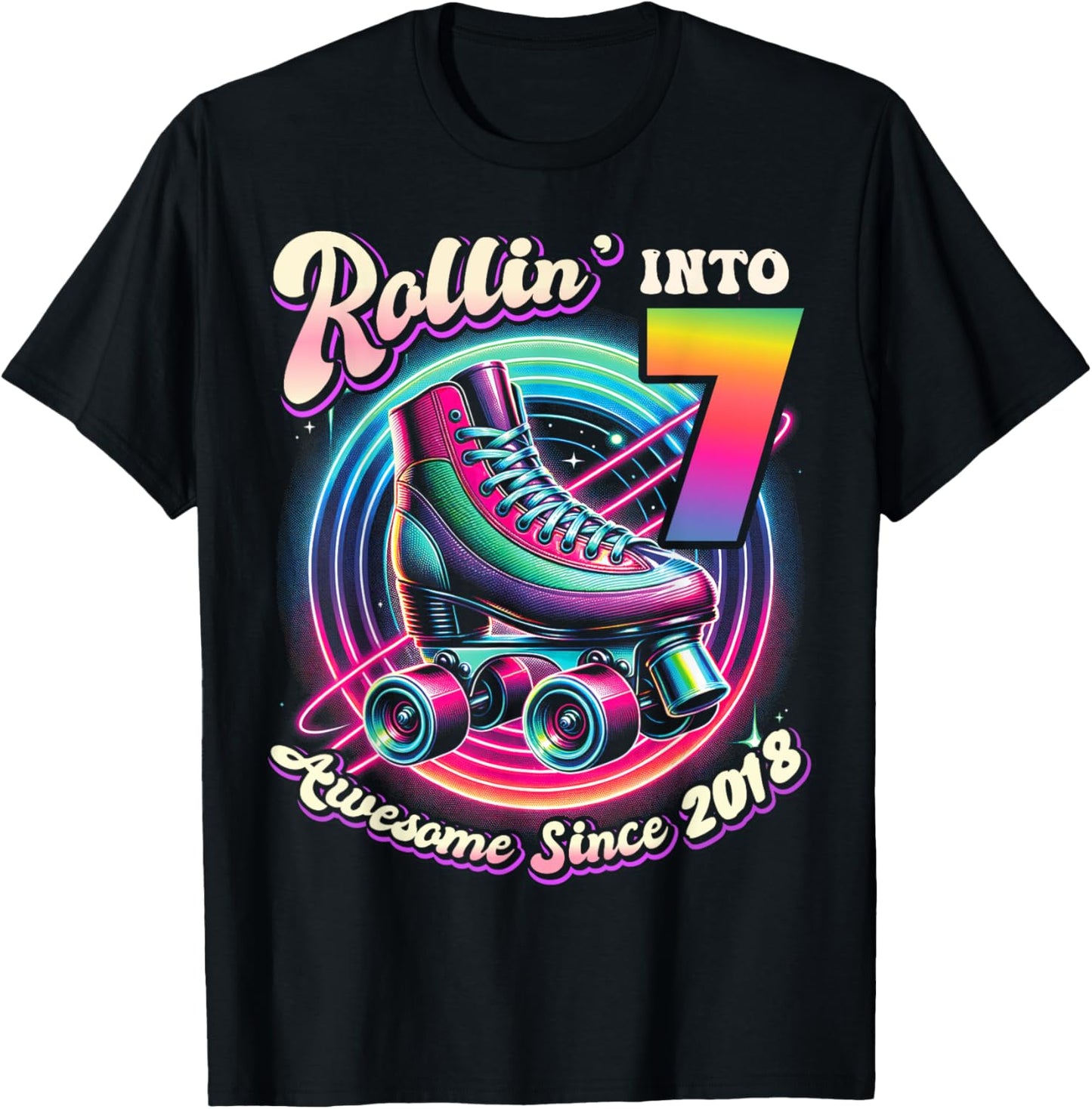 Birthday Roller Skating 7th Girls Rollin into 7 Skate Party T-Shirt - T-Shirt | Black