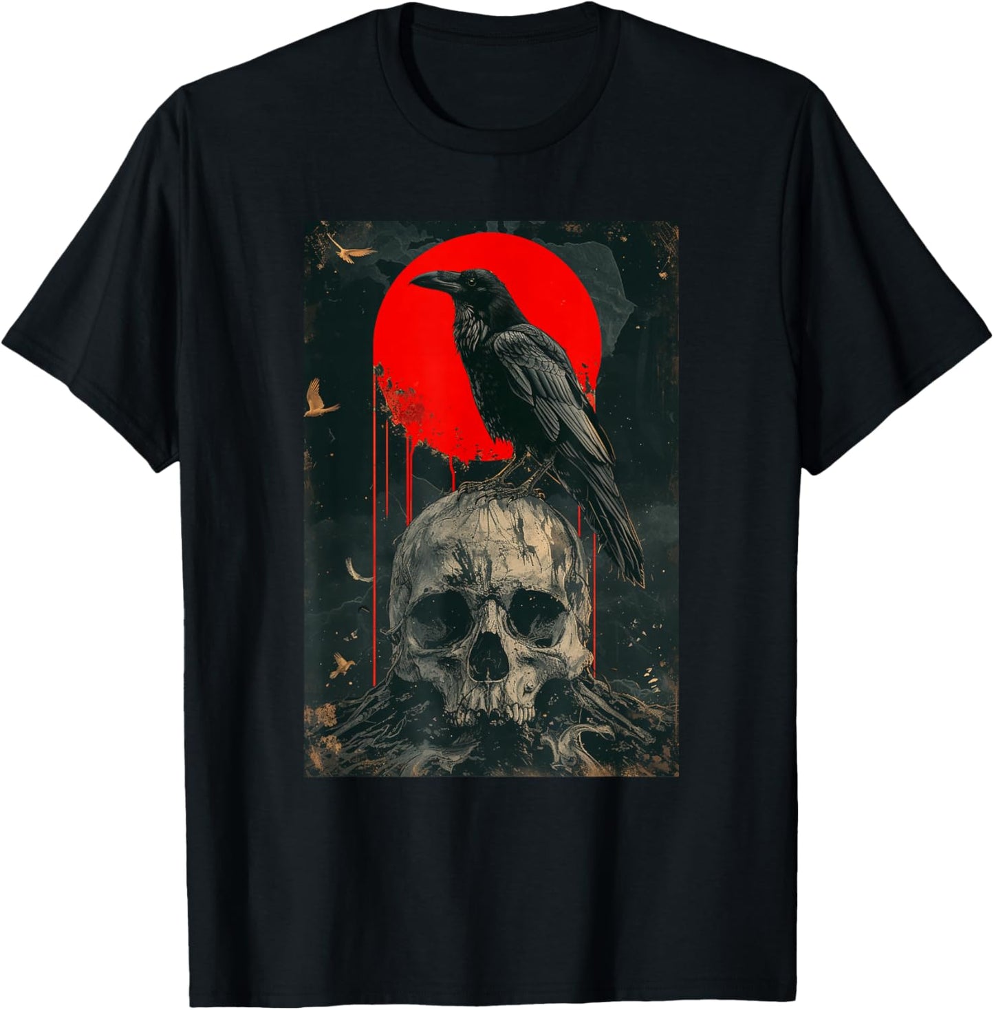 Red Moon Black Gothic Raven Skull Graphic Black Crow T-Shirt - T-Shirt | Black