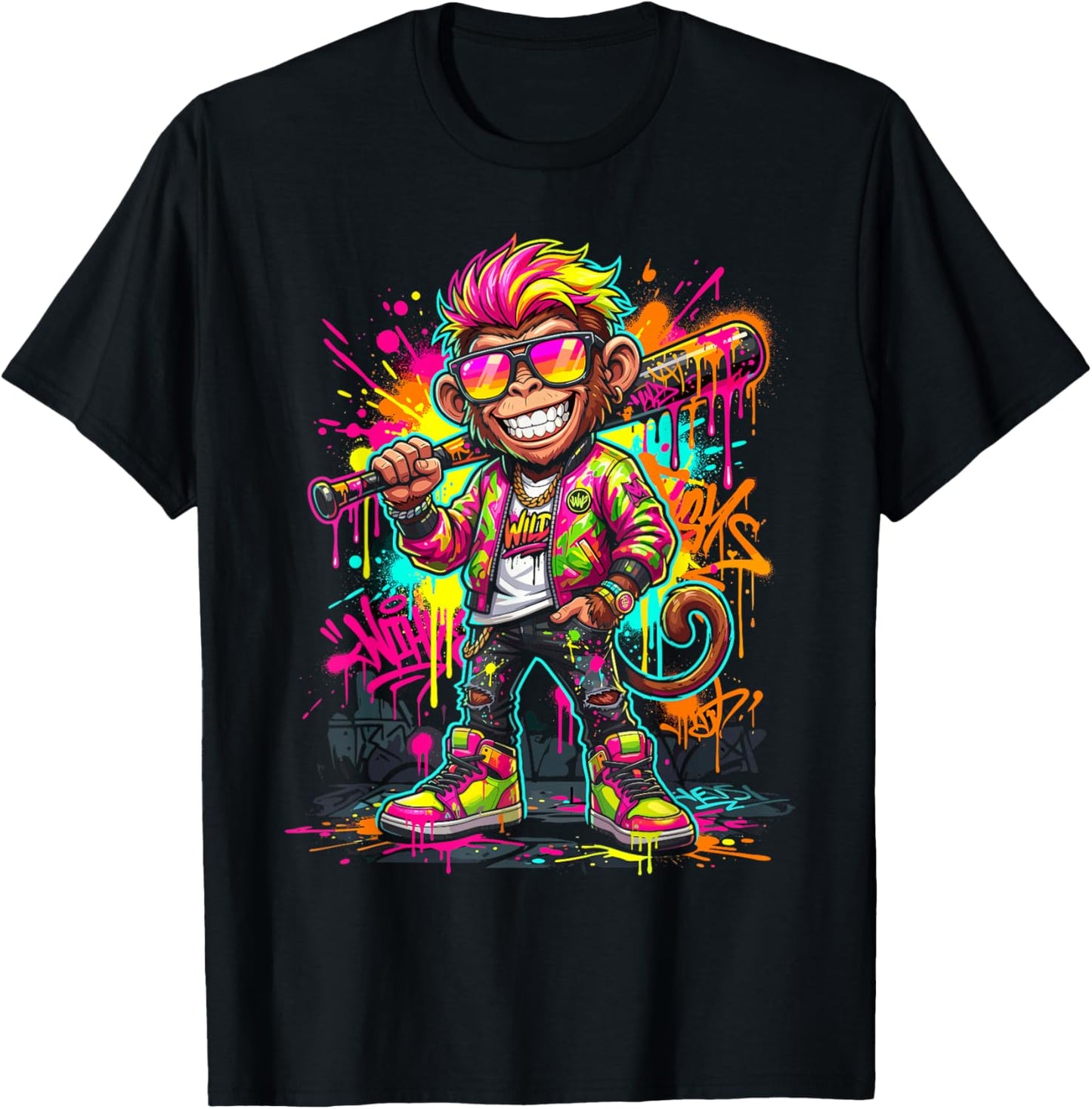 Monkey Baseball Drip Funny Animal Party Sport Cool Graphic T-Shirt - T-Shirt | Black