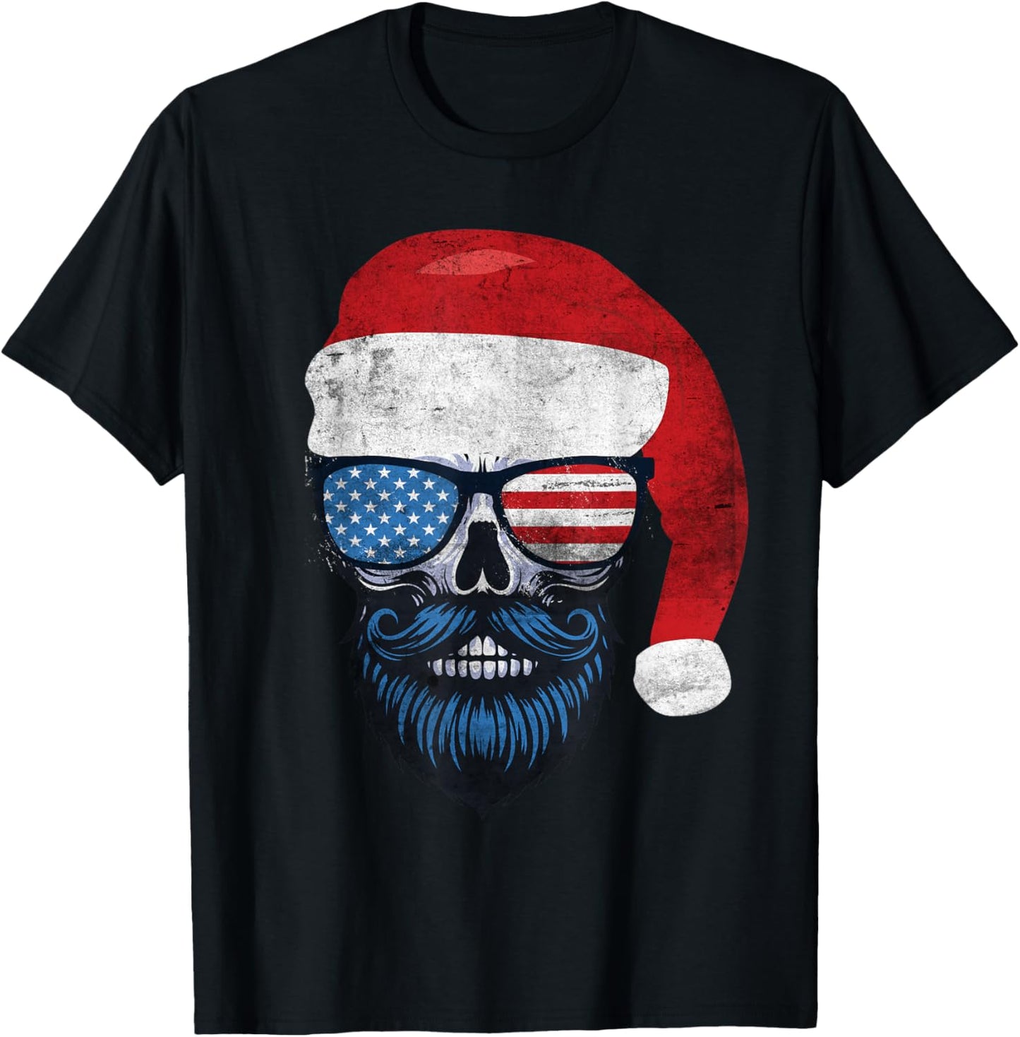 Hipster Santa US Flag Bearded Skull Sunglasses Patriotic T-Shirt - T-Shirt | Black