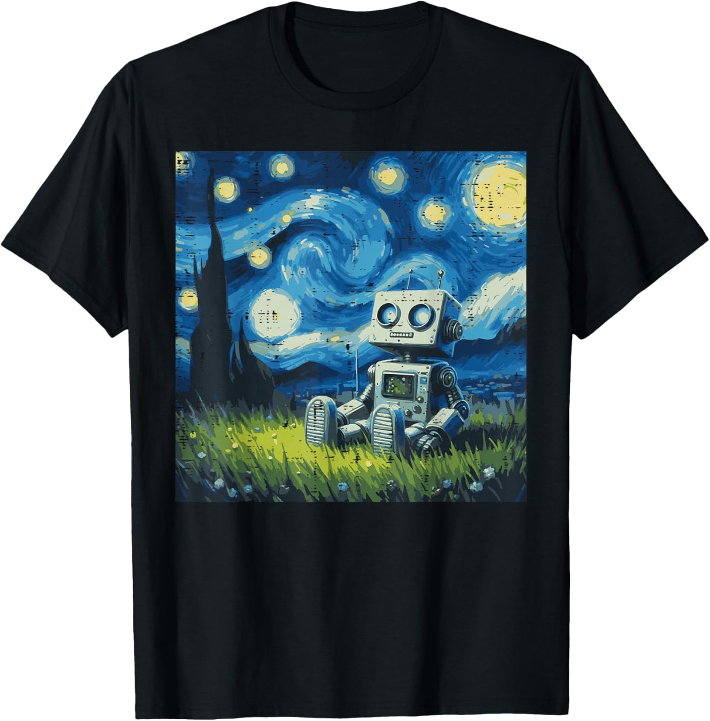Robot Starry Night Funny Painting Art Meme Kids Men Women T-Shirt - T-Shirt | Black