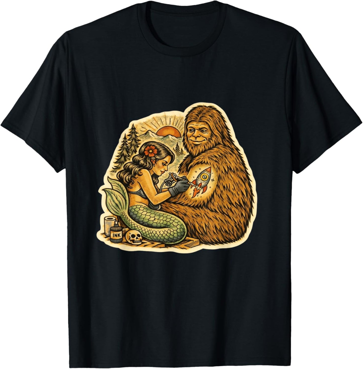 Bigfoot Mermaid Tattoo Funny Cryptid Art Graphic T-Shirt - T-Shirt | Black