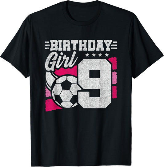 9 Year Old Soccer Birthday - Girls 9th Birthday Soccer T-Shirt - T-Shirt | Black