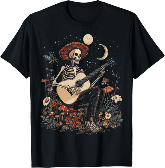 Full Moon Phases Cycle Cottagecore Skeleton Playing Guitar T-Shirt - T-Shirt | Black