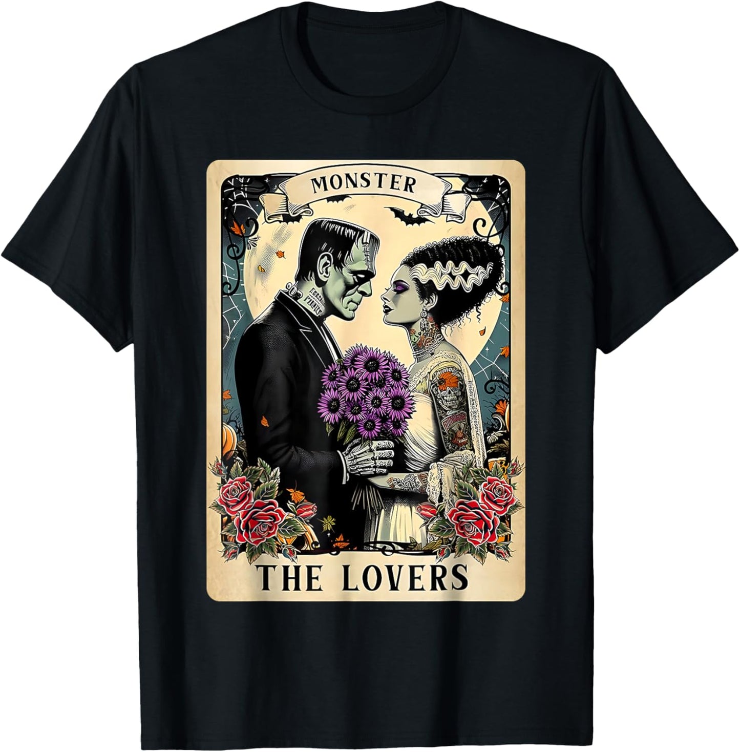 The Monster Frankenstein and Bride The Lovers Tarot Card T-Shirt - T-Shirt | Black