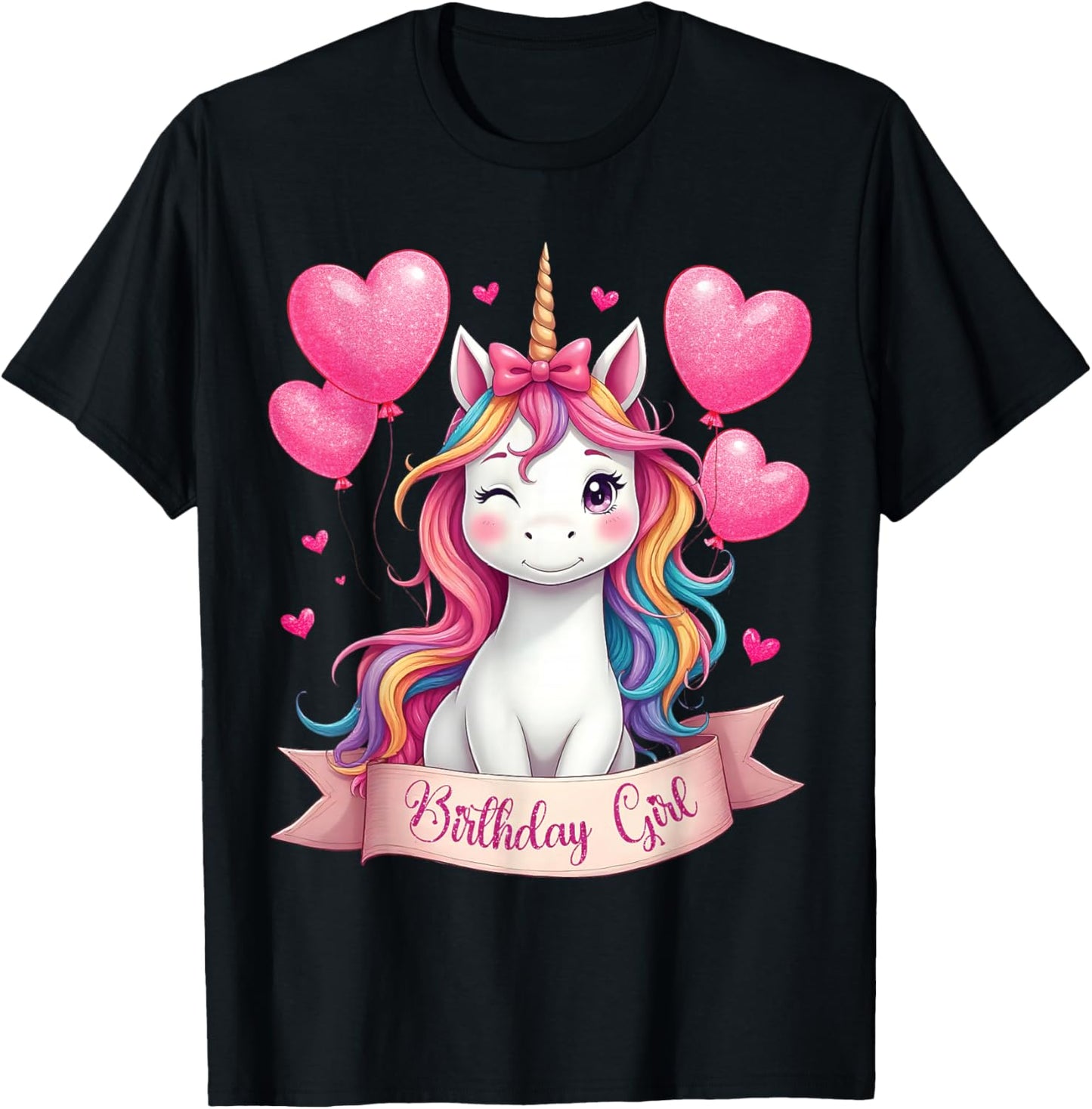 Unicorn Birthday Girl Rainbow Unicorn with Heart Balloons T-Shirt - T-Shirt | Black
