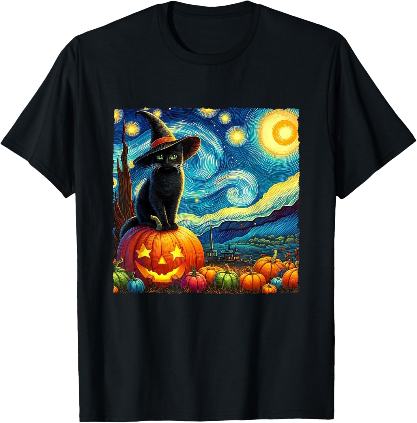 Halloween Van Gogh Starry Night Black Cat Witch Hat Pumpkins T-Shirt - T-Shirt | Black